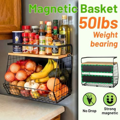2 Set Magnetic Shelf for Refrigerator with Wood Lid, Fruit Potato & Onion Storage Bins, Pantry Organizers & Storage, Large Container Magnetic Spice Rack for Refrigerator, Kitchen Counter, Cabinet