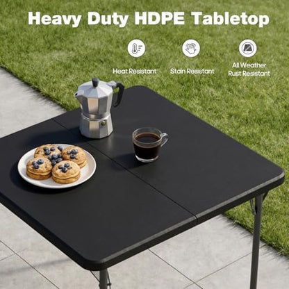34" Square Folding Table for 4 Person, 330lbs Weight Capacity Foldable Table with HDPE Tabletop & Heavy-Duty Steel Legs, Large Portable Picnic Table for Indoor Outdoor Parties, Camping, Black, 2 Pack