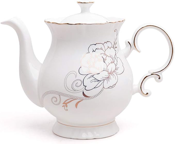 Jomop European Style Ceramic Flower Teapot Coffee Pot Water Pot Porcelain Gift Large 5.5 Cups (1, White)