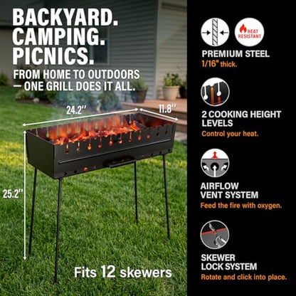 Charcoal Grill for 12 Skewers - Portable BBQ Mangal - Foldable Metal Grill for Shashlik, Kebab, Picnic, Outdoor Cooking (Skewers Not Included)