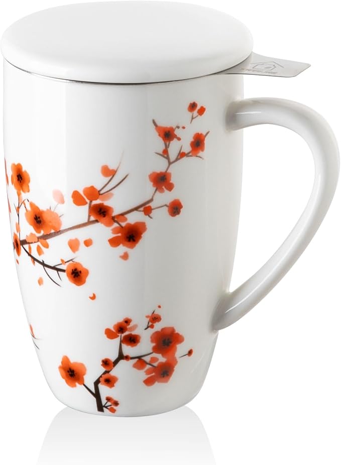 Sweejar Porcelain Tea Mug with Infuser and Lid,Teaware with Filter, Loose Leaf Tea Cup Steeper Maker, 16 Fl Oz for Tea/Coffee/Milk/Women/Office/Home/Gift (Plum Blossom)