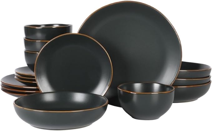 Gibson Home Hazeltine 16-Piece Black Stoneware Dinnerware Set – Plates and Bowls