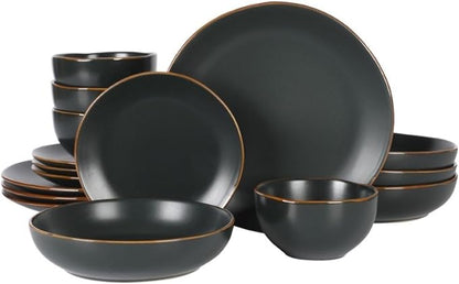 Gibson Home Hazeltine 16-Piece Black Stoneware Dinnerware Set – Plates and Bowls