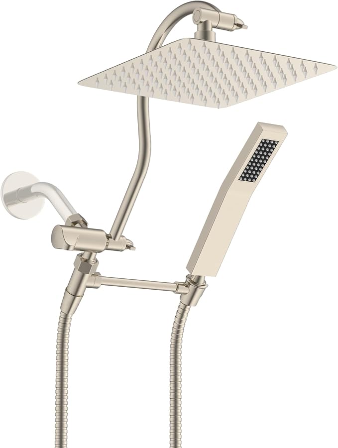 Hibbent All Metal Shower Head, 10'' High Pressure Rainfall Shower Head, Showerhead Combo, Handheld Shower Wand, 12'' Adjustable Curved Extension Arm, 71'' Hose, Shower Head Holder, Brushed Nickel