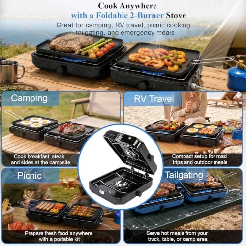 Uniflasy Foldable 2 Burner Camping Stove with Griddles