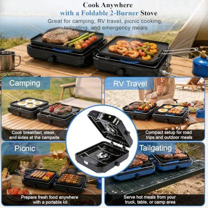 Uniflasy Foldable 2 Burner Camping Stove with Griddles