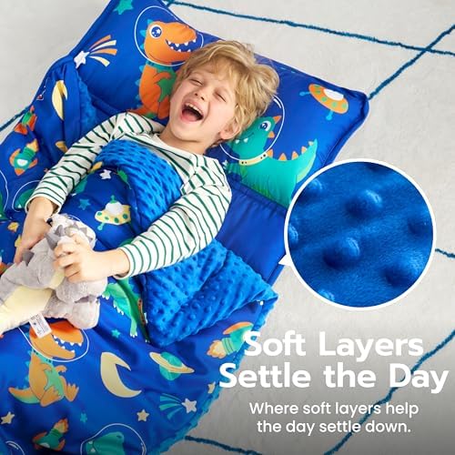 JOIEDOMI Toddler Nap Mat with Removable Pillow and Minky Blanket 55''x30'' Kids Sleeping Bag for Boys and Girls Ages 3-6 Roll Up Soft Nap Mats for Preschool Kindergarten Daycare Sleepover