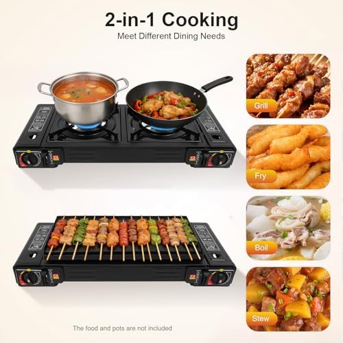 2 Burner Portable Butane Camping Stove, Dual Fuel Stove with Adjustable Burners, Automatic ignition Camping Stove with Butane & Propane Compatibility for Camping Home Backyard Cooking