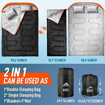 MEREZA Double Sleeping Bag for Adults Mens with Pillow, XL Queen Size Two Person Sleeping Bag for All Season Camping Hiking Backpacking 2 Person Sleeping Bags for Cold Weather & Warm