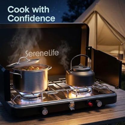Camping Stove 2 Burner Propane Portable Camp Stove 24,400 BTU with Wind Guards Adjustable Burners Push Button Ignition Compact Outdoor Cooking for Camping Tailgating and Backyard