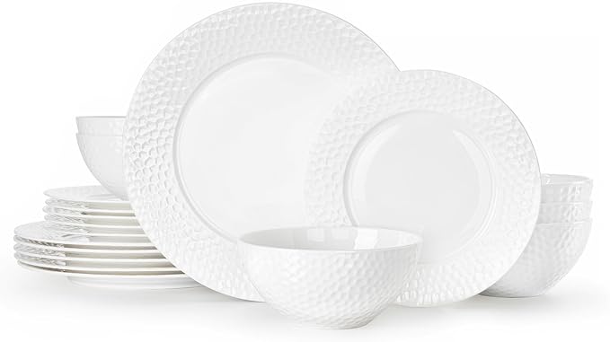 18Pcs Hammered Rim White Bone China Set, Service