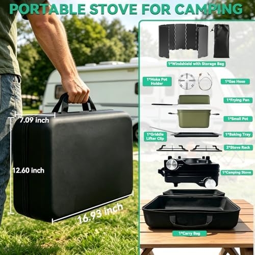 2 Burner Camping Stove 24000 BTU, Portable Propane Camp Stove Set, Black