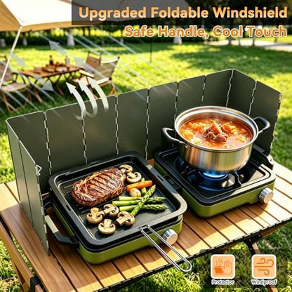 2 Burner Camping Stove with Windshield, 24000 BTU Propane Camp Stove, Portable Folding Camp Stove with Frying Pan, Coffee Stand & Carry Bag, Camping Essentials for Picnic, RV, Camp kitchen, Green