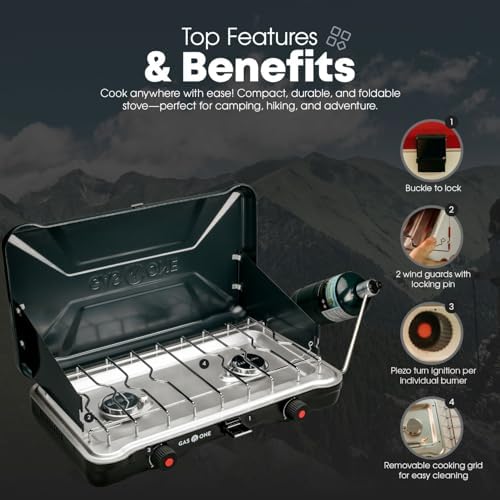GasOne PS-2500MBA Portable Camping Stove – Double Propane Stove with Auto Twist Turn Ignition – 22,000 BTU Camping Cooktop with 2 Burners and Wind Guard – Ideal for Tailgating, Fishing, Travel