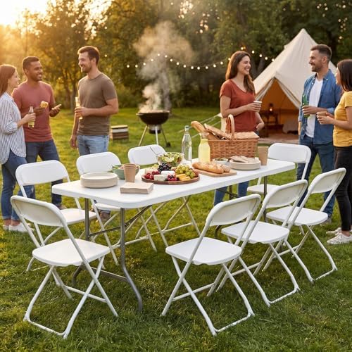 DUMOS 6 FT Folding Picnic Table, Portable Plastic Table, Easy to Keep