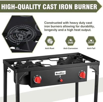 BESTFIRE 2 Burner Camping Stove,150,000 BTU High Pressure Outdoor Propane,4ft 20 PSI Adjustable Regulator Hose With Removable Legs for Backyard Cooking Camping Home