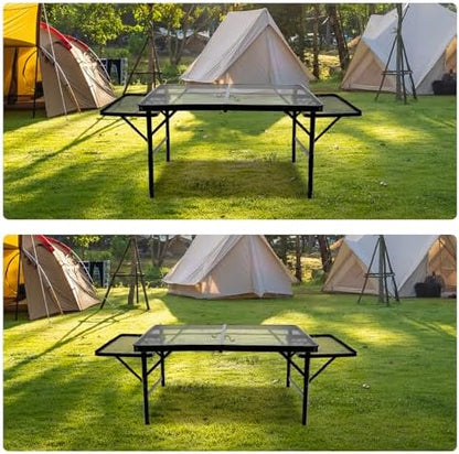 BRIAN & DANY 3x2 FT Camping Table with 2 Wing Panels, Folding Grill Table, Metal Portable Picnic Table, Lightweight Height Adjustable Foldable Table for Outdoor, Black