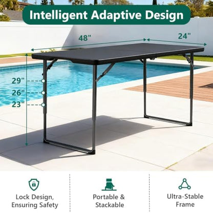 Folding Table 2 Pack, 4FT Folding Table with Adjustable Height, Black