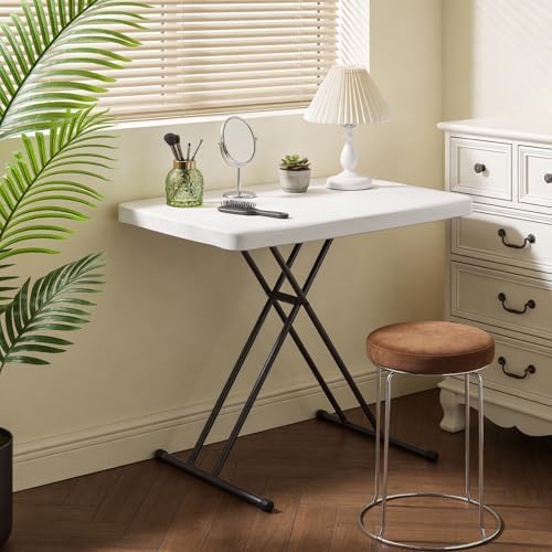 30in Folding Table, Portable Picnic Table with Adjustable Height, Foldable TV Tray Table & Laptop Desk for Small Spaces, Patio, Camping, BBQ, No Assembly Needed, White