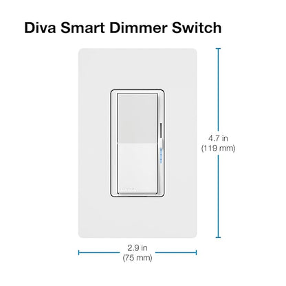 Lutron Diva Smart Dimmer Light Switch with Wallplate for Caseta Lighting (Lutron Smart Hub Required), for LED Lights, 150W, Single-Pole/3-Way, No Neutral, White (DVRFW-6L-WH-A)