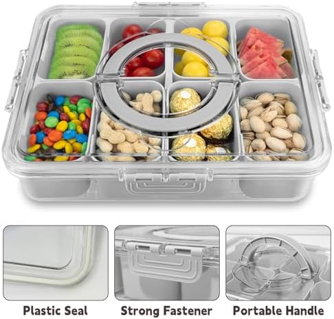 Divided Serving Tray with Lid and Handle,8 Compartments Snacks Box,Snack Fruit and Veggie Tray,Portable Platter for Candy Fruits Nuts Snack Party Entertaining Picnic (1 PCS Grey)