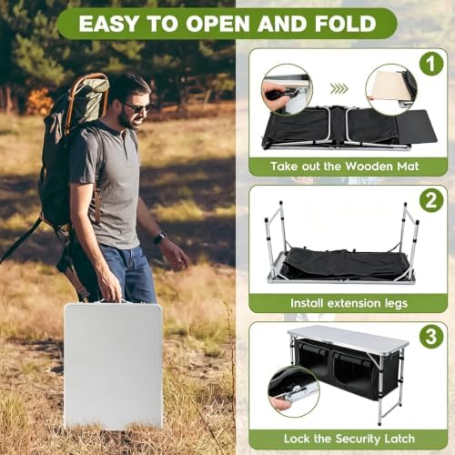 Camping Table with Storage, Portable Lightweight 3 Height Adjustable for Outdoor,Black