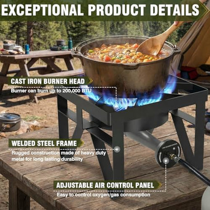 BESTFIRE 200,000 BTU Heavy-Duty Propane Burner – Outdoor Stove with 0-20Psi Adjustable Regulator & Black Hose – Ideal for Home Brewing, Turkey Frying, Camping & Backyard Cooking