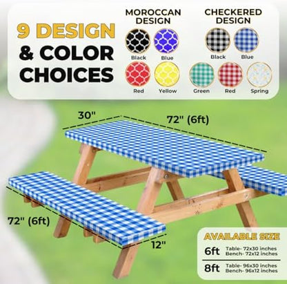 Vinyl Fitted Picnic Table Cover with Bench Covers & Blue 6ft Blue Checkered