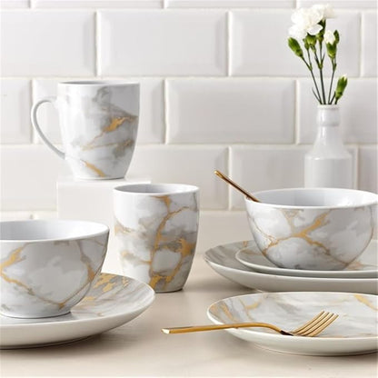 Pemberly Row Contemporary Porcelain Dinnerset 16 Piece in Gold Marble