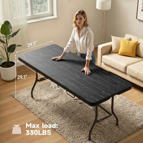 Heavy Duty Folding Table, Sturdy Portable Foldable Table with Safety Lock, Indoor Outdoor Use for Camping Party, 6/8 Foot (Standard, Black-Wood Grain, 6FT-10 Pack)