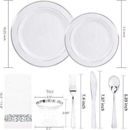 bUCLA 350PCS Silver Plastic Dinnerware Set for 50 Guests - Silver Plates Disposable Include 50 Dinner & 50 Dessert Plates,50 Forks,50 Knives,50 Spoons,50 Cups,50 Napkins for Party & Christmas