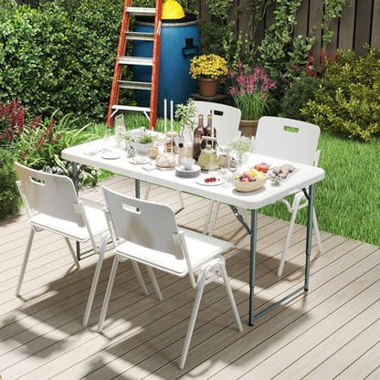 SKONYON 4 Foot Folding Table Heavy Duty Portable Fold-in-Half Plastic Utility Table Small Indoor Outdoor Adjustable Height Folding with Carrying Handle, Camping and Party, Portable White