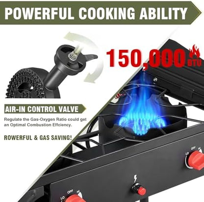 Bestfire 150,000 BTU 2 Burner Propane Camping Stove with Auto Ignition, Windpanel, Portable Outdoor Gas Cooker with Removable Legs, Side Shelves for Camping, BBQ