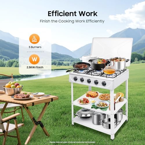 5 Burner Propane Portable Gas Stove, Gas Burners for Cooking Outdoor with Support Leg Stand Adapter Auto Ignition Cooktop Stove Top for RV, Apartment, Outdoor Cooking (White)