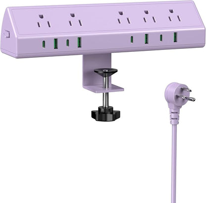 Jgstkcity Desk Clamp Power Strip, 45W Fast Charging Station,4 USB-C, 4 USB-A,1200J Surge Protector,ETL Listed,1875W Extension Cord,Multiple Outlets for Home, Office (Purple, 6 FT Cable)
