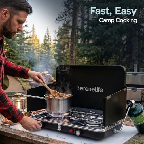 Camping Stove 2 Burner Propane Portable Camp Stove 24,400 BTU with Wind Guards Adjustable Burners Push Button Ignition Compact Outdoor Cooking for Camping Tailgating and Backyard