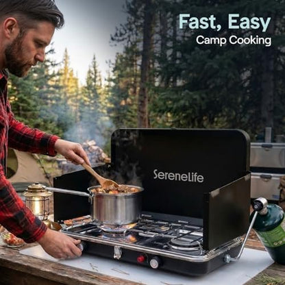 Camping Stove 2 Burner Propane Portable Camp Stove 24,400 BTU with Wind Guards Adjustable Burners Push Button Ignition Compact Outdoor Cooking for Camping Tailgating and Backyard