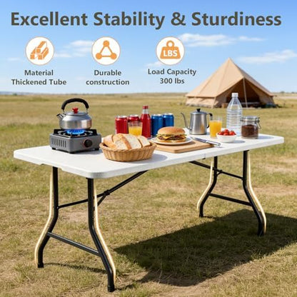 5FT Folding Table 6 Pack, Heavy Duty Fold in Half Plastic Tables with Carry Handle, Portable Indoor Outdoor Utility Table for Party, Picnic, Camping, Banquet, Wedding, RV Travel