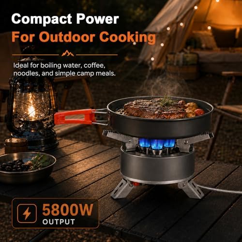 Portable Camping Stove, 5800W Foldable Outdoor Gas Stove with Nonstick Pot, Frying Pan, Mesh Carry Bag, 1 lb Propane Tank Adapter and Hose for Camping, Hiking, Picnic