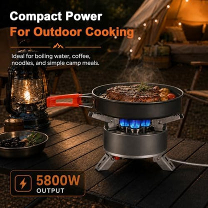 Portable Camping Stove, 5800W Foldable Outdoor Gas Stove with Nonstick Pot, Frying Pan, Mesh Carry Bag, 1 lb Propane Tank Adapter and Hose for Camping, Hiking, Picnic