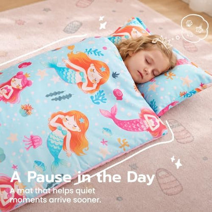 JOIEDOMI Toddler Nap Mat with Removable Pillow and Minky Blanket 55''x30'' Kids Sleeping Bag for Boys and Girls Ages 3-6 Roll Up Soft Nap Mats for Preschool Kindergarten Daycare Sleepover