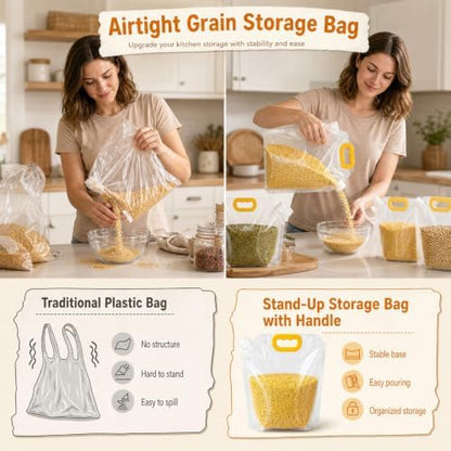 Airtight Grain Storage Bags with Handle - Cereal Containers with Pour Spout, Reusable Rice Food Sealed Container (5PCS,Medium-210 OZ)