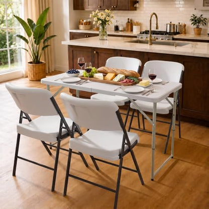 HULKFIT Portable 5-Piece Folding Table and Chairs Set, Heavy Duty 4ft Camping & Party Furniture for Indoor Outdoor Events, White