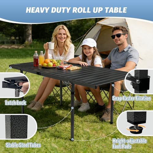 29.9" Tall Folding Camping Table for 2-6 Person, 54.7" Large Aluminum Foldable Roll-up Table Outdoor with Carry Bag for Picnic, Camp, Sturdy, Backyard, Patio