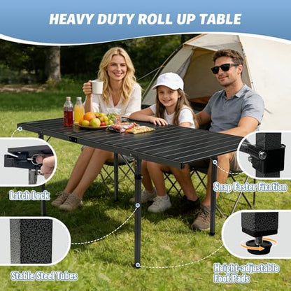 29.9" Tall Folding Camping Table for 2-6 Person, 54.7" Large Aluminum Foldable Roll-up Table Outdoor with Carry Bag for Picnic, Camp, Sturdy, Backyard, Patio