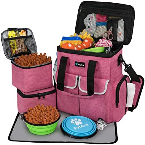 PetAmi Dog Travel Bag Pet Supplies Accessories Organizer for Traveling, Camping, Weekend; Cat Pet Travel Bag Kit Includes 2 Food Storage Containers, 2 Collapsible Bowls, 1 Feeding Mat (Pink)