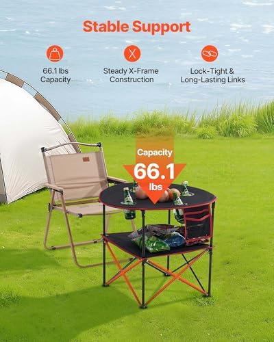 VEVOR Folding Camping Table, Portable Outdoor Lightweight Picnic Table, 600D Oxford Fabric Waterproof Canvas Travel Beach Tables, with 4 Cup Holders, Carry Bag, for Tailgating Camping Picnic, Black