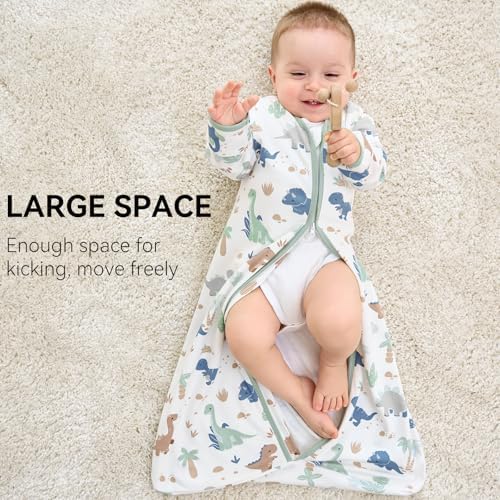 Baby Sleep Sack 18-24 Months, Long Sleeve Baby Wearable Blanket 0.5 Tog with Mittens, 2-Way Zipper Toddler Cotton Sleeping Sack for Boy and Girl Green Dinosaur 2 Pack(XLarge)