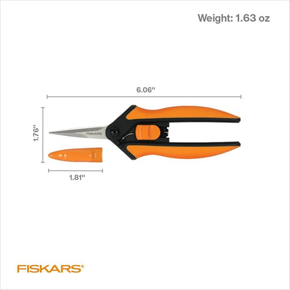 Fiskars Micro-Tip Pruning Snips - 6" Garden Shears with Sheath and Comfort Grip - Sharp Steel Blades - Quality Pruning Shears for Plants in Grow Tents and Hydroponics - Garden Tools