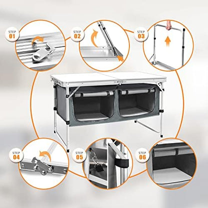 CampLand Outdoor Folding Table Aluminum Lightweight Height Adjustable with Storage Organizer for BBQ, Party, Camping